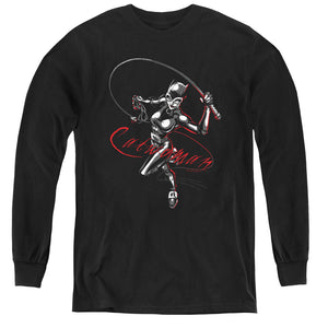 AN OFFCIALLY LICENSED BATMAN KITTEN WITH A WHIP YOUTH LONG SLEEVE T-SHIRT BLACK