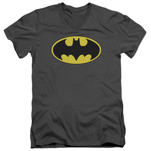 AN OFFCIALLY LICENSED BATMAN CLASSIC BAT LOGO MEN'S V-NECK T-SHIRT CHARCOAL