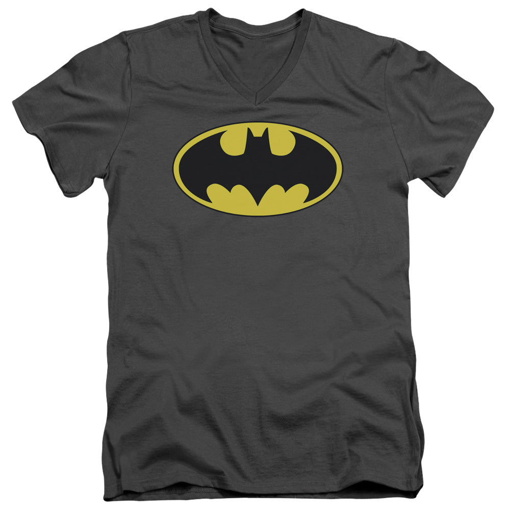 AN OFFCIALLY LICENSED BATMAN CLASSIC BAT LOGO MEN'S V-NECK T-SHIRT CHARCOAL