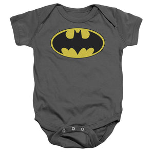 AN OFFCIALLY LICENSED BATMAN CLASSIC BAT LOGO BABY BODYSUIT CHARCOAL