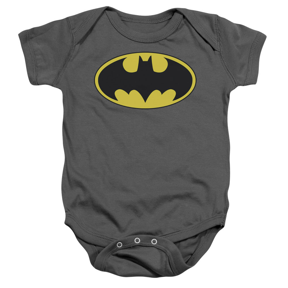 AN OFFCIALLY LICENSED BATMAN CLASSIC BAT LOGO BABY BODYSUIT CHARCOAL