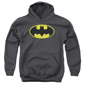 AN OFFCIALLY LICENSED BATMAN CLASSIC BAT LOGO YOUTH HOODIE CHARCOAL