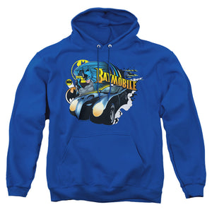 AN OFFCIALLY LICENSED BATMAN BATMOBILE ADULT UNISEX PULLOVER HOODIE ROYAL