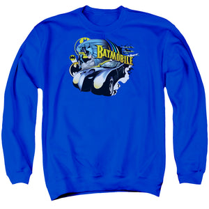 AN OFFCIALLY LICENSED BATMAN BATMOBILE ADULT UNISEX CREWNECK SWEATSHIRT ROYAL