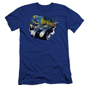 AN OFFCIALLY LICENSED BATMAN BATMOBILE MEN'S PREMIUM SLIM FIT T-SHIRT ROYAL