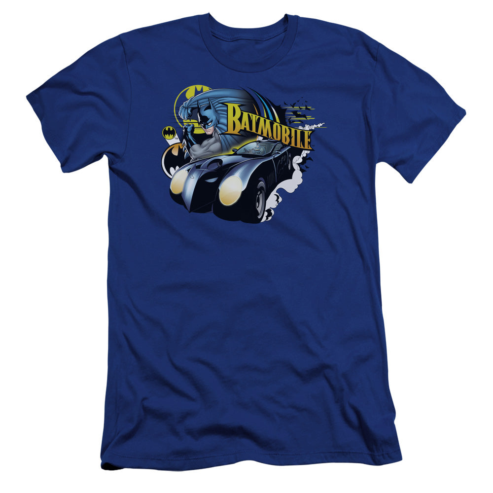AN OFFCIALLY LICENSED BATMAN BATMOBILE MEN'S PREMIUM SLIM FIT T-SHIRT ROYAL