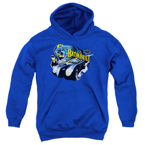 AN OFFCIALLY LICENSED BATMAN BATMOBILE YOUTH HOODIE ROYAL