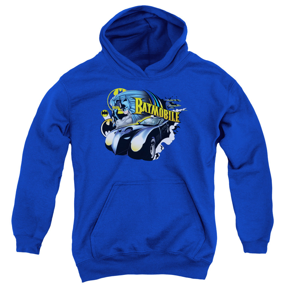 AN OFFCIALLY LICENSED BATMAN BATMOBILE YOUTH HOODIE ROYAL