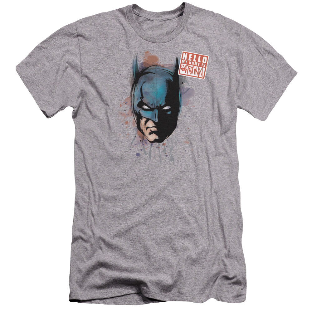 AN OFFCIALLY LICENSED BATMAN HELLO MEN'S PREMIUM SLIM FIT T-SHIRT ATHLETIC HEATHER