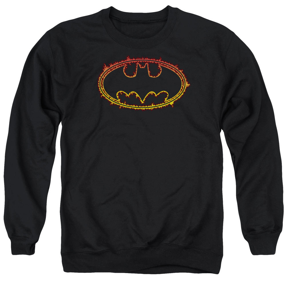 AN OFFCIALLY LICENSED BATMAN FLAME OUTLINED LOGO ADULT UNISEX CREWNECK SWEATSHIRT BLACK