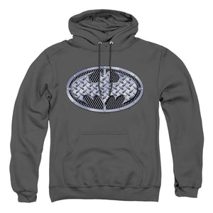 AN OFFCIALLY LICENSED BATMAN STEEL MESH SHIELD ADULT UNISEX PULLOVER HOODIE CHARCOAL