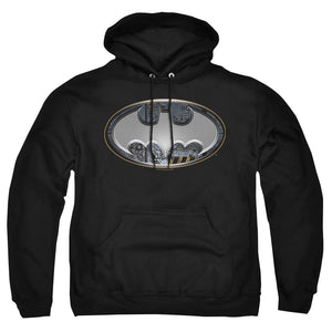 AN OFFCIALLY LICENSED BATMAN STEEL WALL SHIELD ADULT UNISEX PULLOVER HOODIE BLACK