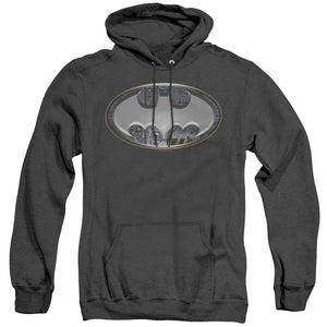 AN OFFCIALLY LICENSED BATMAN STEEL WALL SHIELD ADULT UNISEX HEATHER PULLOVER HOODIE BLACK