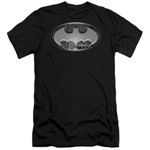 AN OFFCIALLY LICENSED BATMAN STEEL WALL SHIELD MEN'S PREMIUM SLIM FIT T-SHIRT BLACK