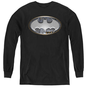 AN OFFCIALLY LICENSED BATMAN STEEL WALL SHIELD YOUTH LONG SLEEVE T-SHIRT BLACK