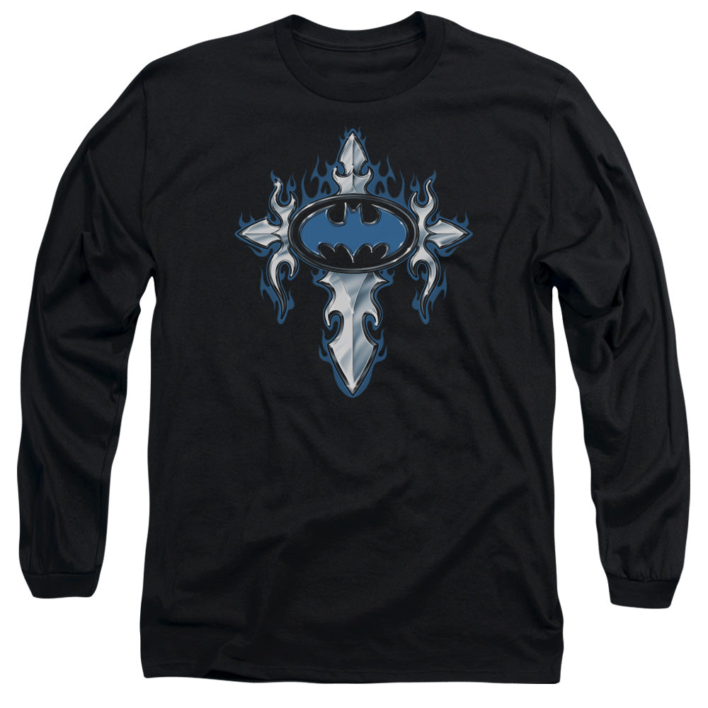 AN OFFCIALLY LICENSED BATMAN GOTHIC STEEL LOGO MEN'S LONG SLEEVE T-SHIRT BLACK