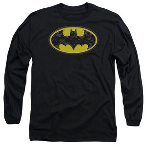 AN OFFCIALLY LICENSED BATMAN BATS IN LOGO MEN'S LONG SLEEVE T-SHIRT BLACK