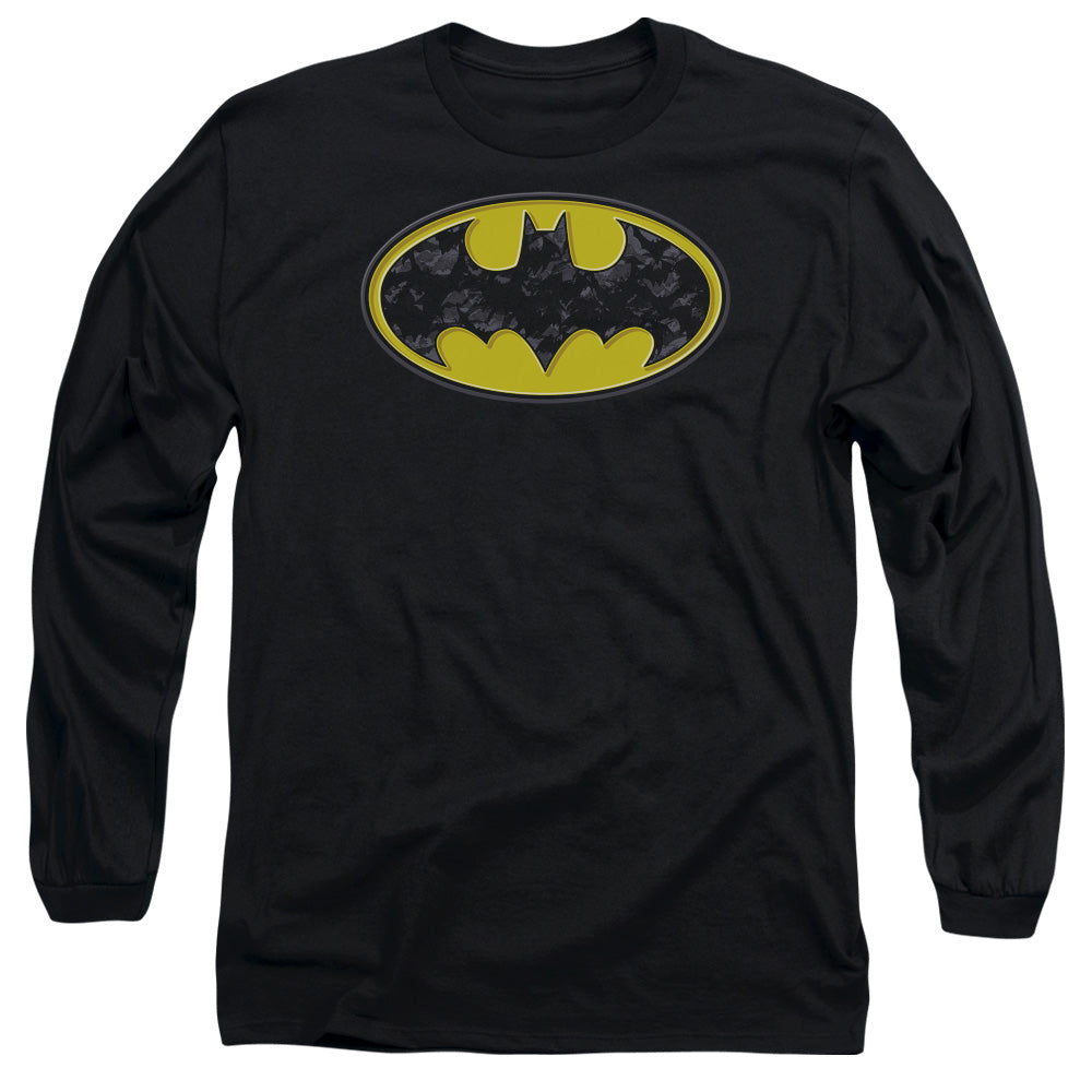 AN OFFCIALLY LICENSED BATMAN BATS IN LOGO MEN'S LONG SLEEVE T-SHIRT BLACK
