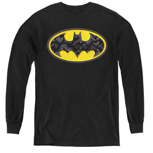 AN OFFCIALLY LICENSED BATMAN BATS IN LOGO YOUTH LONG SLEEVE T-SHIRT BLACK