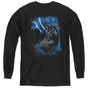 AN OFFCIALLY LICENSED BATMAN LIGHTNING STRIKES YOUTH LONG SLEEVE T-SHIRT BLACK