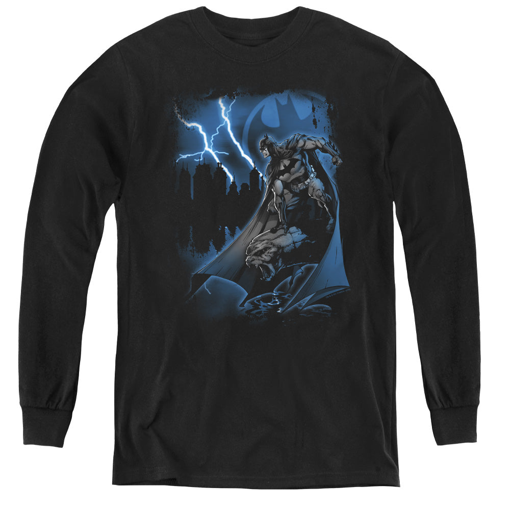 AN OFFCIALLY LICENSED BATMAN LIGHTNING STRIKES YOUTH LONG SLEEVE T-SHIRT BLACK