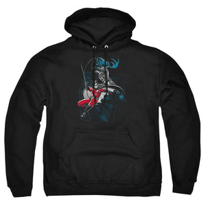 AN OFFCIALLY LICENSED BATMAN BLACK AND WHITE ADULT UNISEX PULLOVER HOODIE BLACK