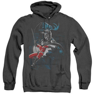 AN OFFCIALLY LICENSED BATMAN BLACK AND WHITE ADULT UNISEX HEATHER PULLOVER HOODIE BLACK