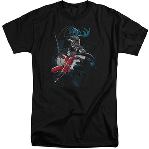 AN OFFCIALLY LICENSED BATMAN BLACK AND WHITE MEN'S TALL FIT T-SHIRT BLACK