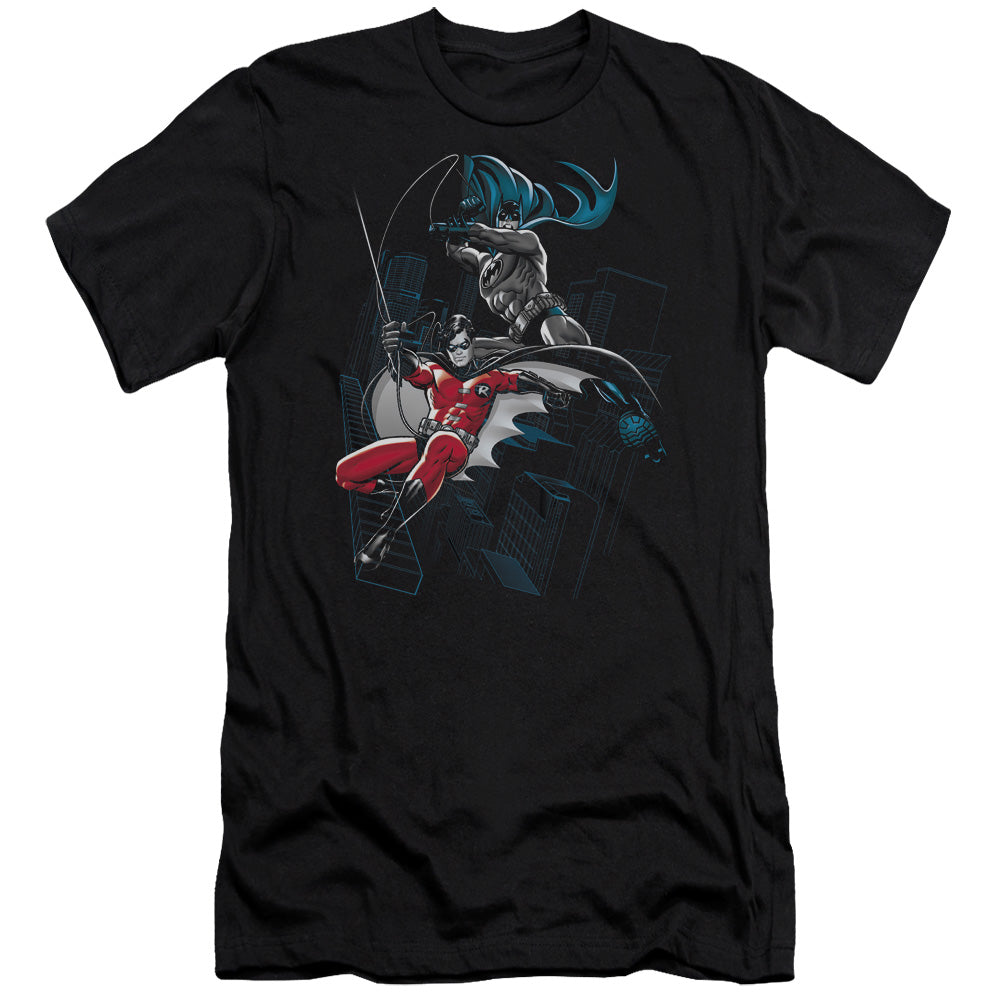 AN OFFCIALLY LICENSED BATMAN BLACK AND WHITE MEN'S PREMIUM SLIM FIT T-SHIRT BLACK