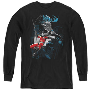 AN OFFCIALLY LICENSED BATMAN BLACK AND WHITE YOUTH LONG SLEEVE T-SHIRT BLACK