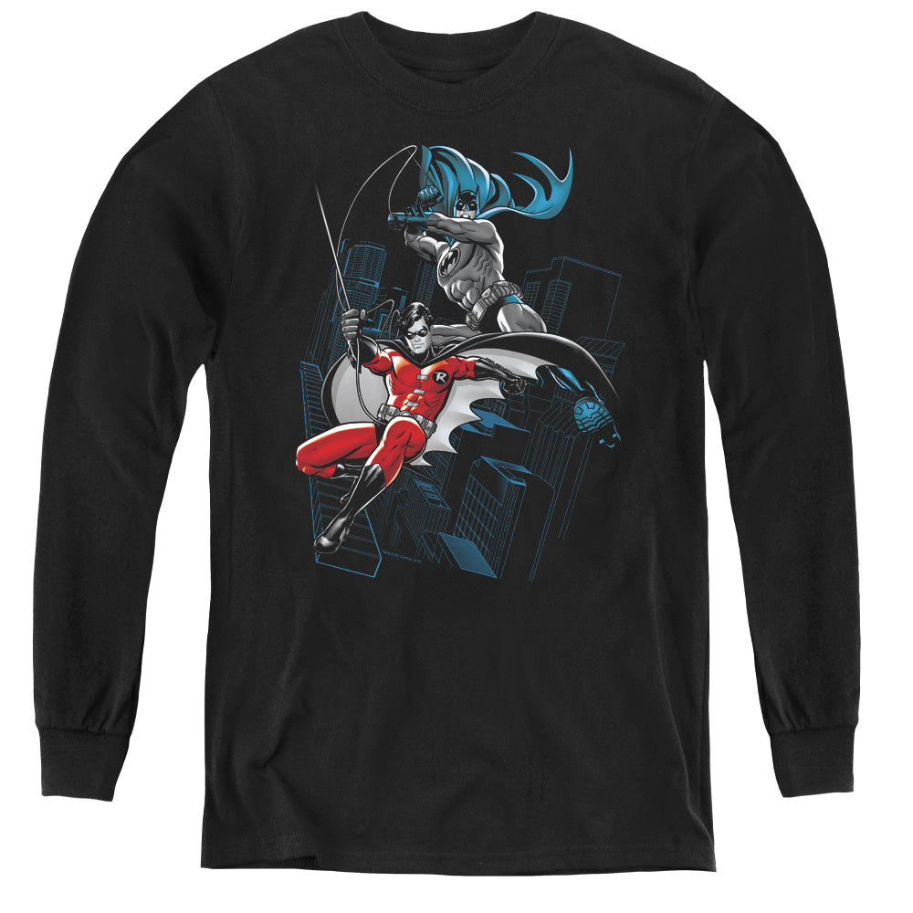 AN OFFCIALLY LICENSED BATMAN BLACK AND WHITE YOUTH LONG SLEEVE T-SHIRT BLACK