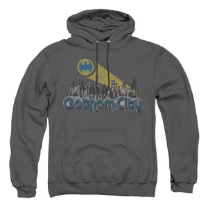 AN OFFCIALLY LICENSED BATMAN GOTHAM CITY DISTRESSED ADULT UNISEX PULLOVER HOODIE CHARCOAL