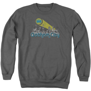 AN OFFCIALLY LICENSED BATMAN GOTHAM CITY DISTRESSED ADULT UNISEX CREWNECK SWEATSHIRT CHARCOAL