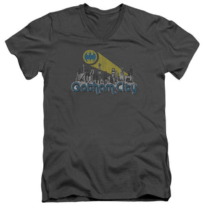 AN OFFCIALLY LICENSED BATMAN GOTHAM CITY DISTRESSED MEN'S V-NECK T-SHIRT CHARCOAL