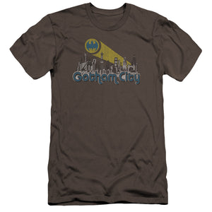 AN OFFCIALLY LICENSED BATMAN GOTHAM CITY DISTRESSED MEN'S PREMIUM SLIM FIT T-SHIRT CHARCOAL