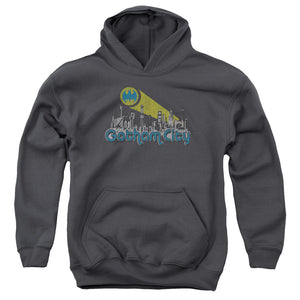 AN OFFCIALLY LICENSED BATMAN GOTHAM CITY DISTRESSED YOUTH HOODIE CHARCOAL