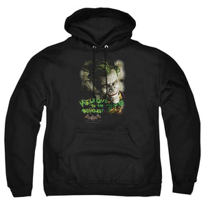AN OFFCIALLY LICENSED BATMAN AA WELCOME TO THE MADHOUSE ADULT UNISEX PULLOVER HOODIE BLACK