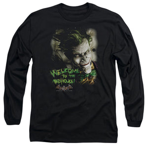 AN OFFCIALLY LICENSED BATMAN AA WELCOME TO THE MADHOUSE MEN'S LONG SLEEVE T-SHIRT BLACK