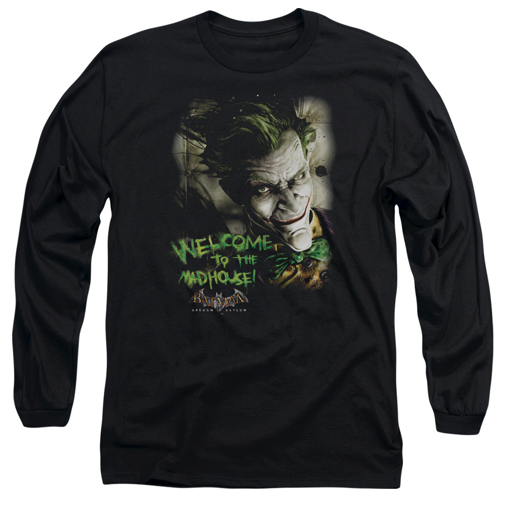 AN OFFCIALLY LICENSED BATMAN AA WELCOME TO THE MADHOUSE MEN'S LONG SLEEVE T-SHIRT BLACK