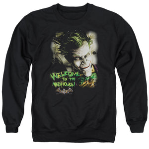 AN OFFCIALLY LICENSED BATMAN AA WELCOME TO THE MADHOUSE ADULT UNISEX CREWNECK SWEATSHIRT BLACK