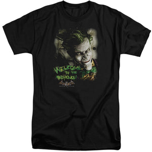 AN OFFCIALLY LICENSED BATMAN AA WELCOME TO THE MADHOUSE MEN'S TALL FIT T-SHIRT BLACK