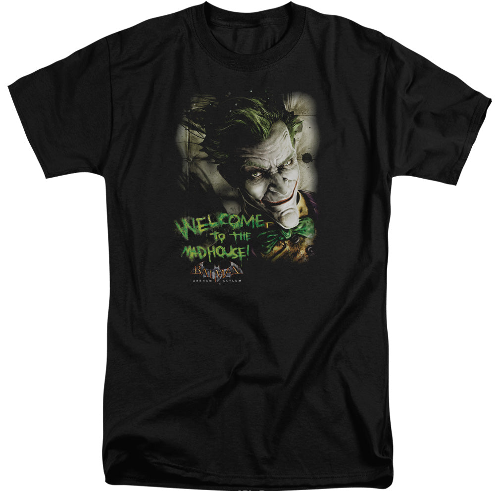AN OFFCIALLY LICENSED BATMAN AA WELCOME TO THE MADHOUSE MEN'S TALL FIT T-SHIRT BLACK