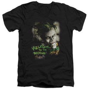 AN OFFCIALLY LICENSED BATMAN AA WELCOME TO THE MADHOUSE MEN'S V-NECK T-SHIRT BLACK