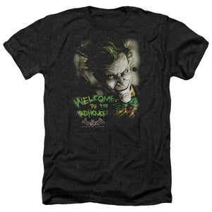 AN OFFCIALLY LICENSED BATMAN AA WELCOME TO THE MADHOUSE MEN'S HEATHER T-SHIRT CHARCOAL
