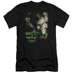 AN OFFCIALLY LICENSED BATMAN AA WELCOME TO THE MADHOUSE MEN'S PREMIUM SLIM FIT T-SHIRT BLACK