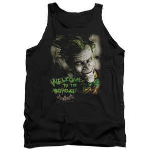 AN OFFCIALLY LICENSED BATMAN AA WELCOME TO THE MADHOUSE ADULT UNISEX TANK TOP BLACK