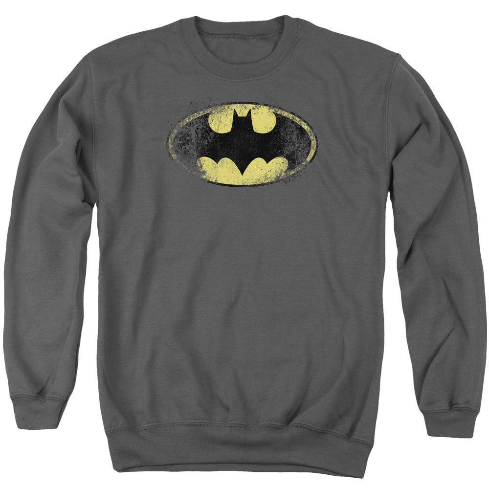 AN OFFCIALLY LICENSED BATMAN DESTROYED LOGO ADULT UNISEX CREWNECK SWEATSHIRT CHARCOAL