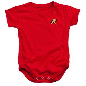AN OFFCIALLY LICENSED BATMAN ROBIN LOGO BABY BODYSUIT RED