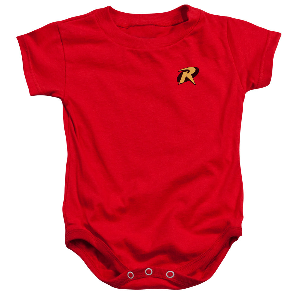 AN OFFCIALLY LICENSED BATMAN ROBIN LOGO BABY BODYSUIT RED