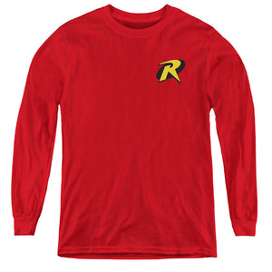 AN OFFCIALLY LICENSED BATMAN ROBIN LOGO YOUTH LONG SLEEVE T-SHIRT RED